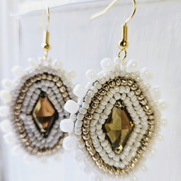 2/$27 | White + Gold Beaded Bohemian Indigenous Native Hoop Earrings | Handmade - Picture 8 of 8